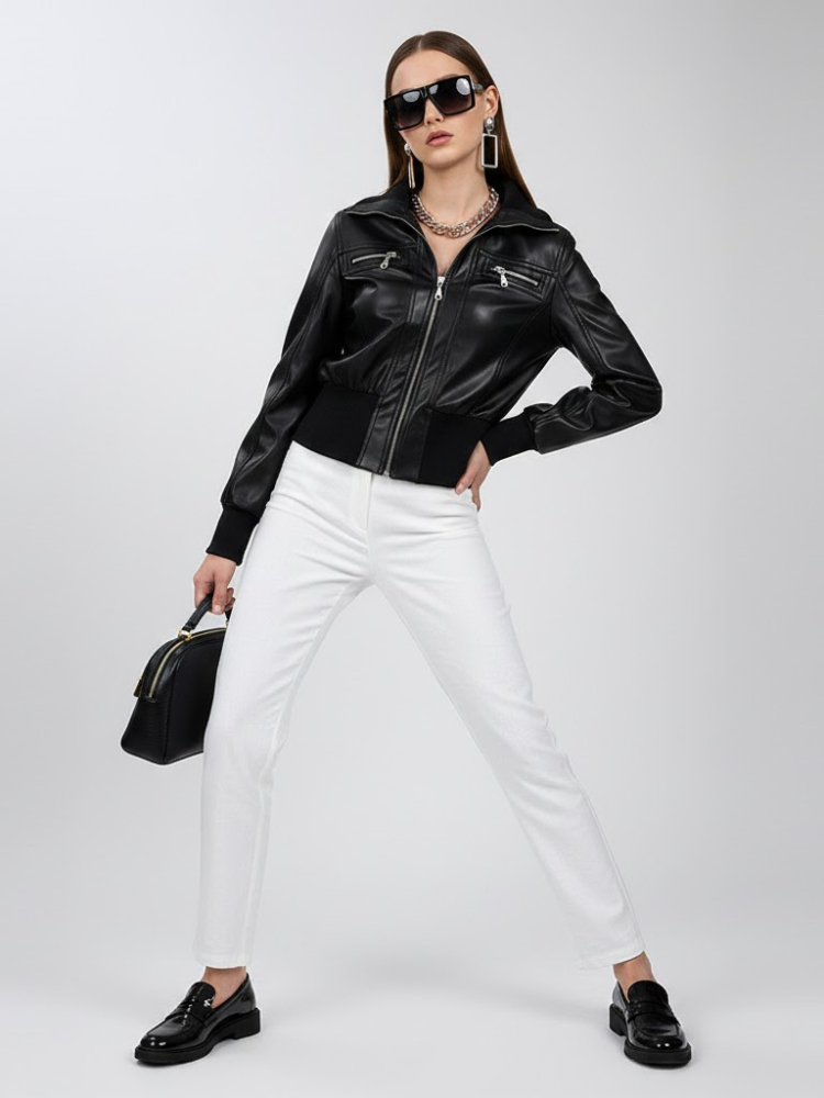 Women's Vegan Leather Bomber Jacket BLACK - FLATBUSH: New Collection COUTURE in BROOKLYN - BYMANYC ® New York