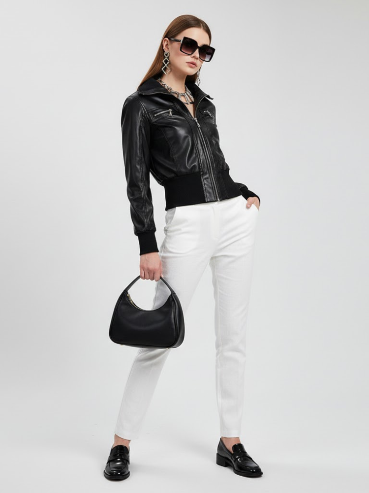 Women's Vegan Leather Bomber Jacket BLACK - FLATBUSH: New Collection COUTURE in BROOKLYN - BYMANYC ® New York