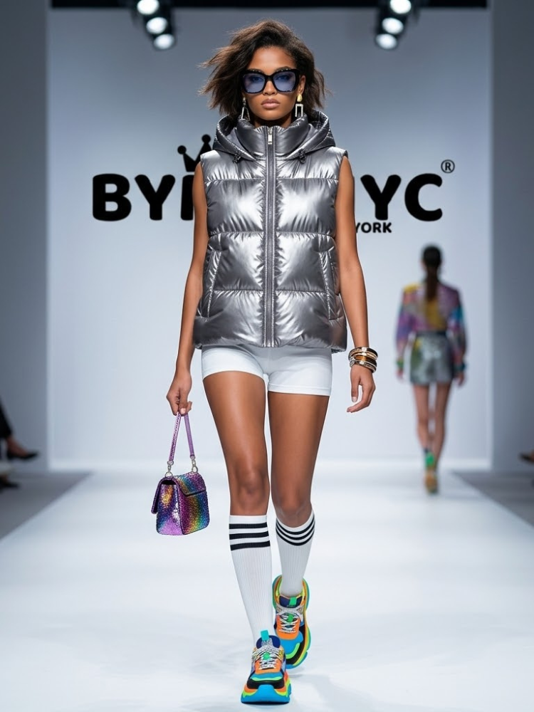 Women's Silver Metallic Hooded Puffer Vest BYMANYC ® New York CONTEMPORARY VIBRANT MODERN OUTERWEAR - New Collection