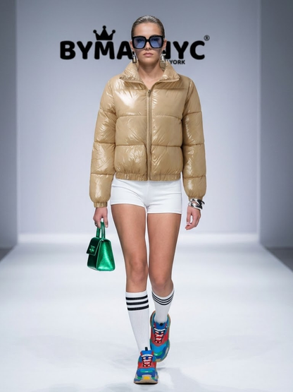 Women's Beige Metallic Puffer Jacket BYMANYC ® New York CONTEMPORARY VIBRANT MODERN OUTERWEAR - New Collection