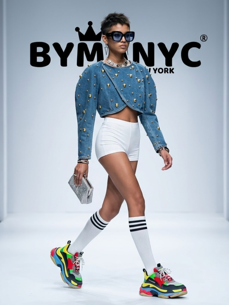 Women's Cropped Blue Denim Jacket Gold Studded BYMANYC ® New York CONTEMPORARY VIBRANT MODERN OUTERWEAR - New Collection