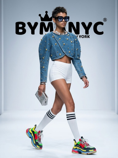 Women's Cropped Blue Denim Jacket Gold Studded BYMANYC ® New York CONTEMPORARY VIBRANT MODERN OUTERWEAR - New Collection