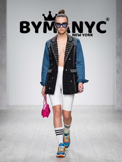 Women's Studded Two-Tone Patchwork Denim Blazer BYMANYC ® New York CONTEMPORARY VIBRANT MODERN OUTERWEAR - New Collection