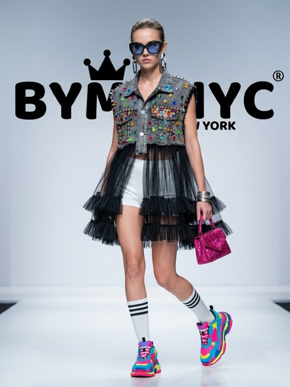Women's Embellished Denim & Tulle Hybrid Jacket BYMANYC ® New York CONTEMPORARY VIBRANT MODERN OUTERWEAR - New Collection