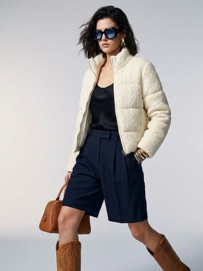 Women's Jacket Cable Knit Puffer BYMANYC ® New York HAMPTONS CREAM ZIPPER - New Collection