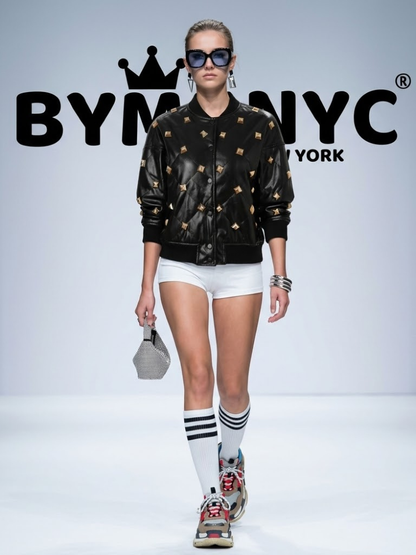 Women's Black Leather Bomber Jacket Gold Studded BYMANYC ® New York CONTEMPORARY VIBRANT MODERN OUTERWEAR - New Collection
