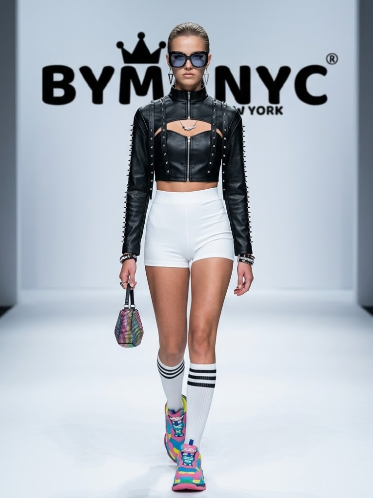 Women's Black Leather Cropped Jacket Spiked Cutout BYMANYC ® New York CONTEMPORARY EDGY MODERN OUTERWEAR - New Collection
