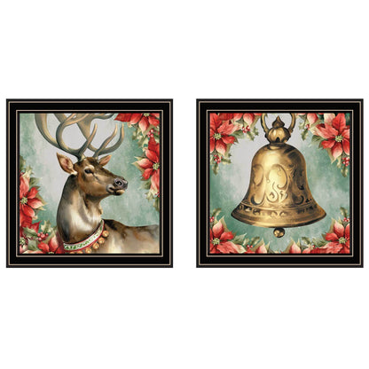 Trendy Decor 4U 2-Piece Vignette Old World Reindeer & Bell Black Framed Wall Art for Living Room, Holiday Wall Art Print for Home Decor, Bedroom Wall Art by Nicole DeCamp