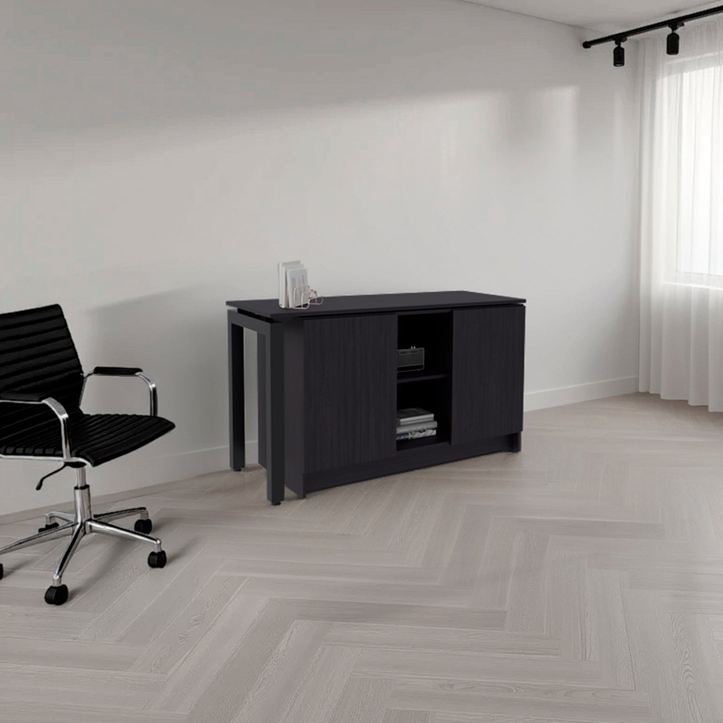 Desk 28.5' H, 2 Doors, 5 Shelves, 2 Legs, Black Wengue - Home Office