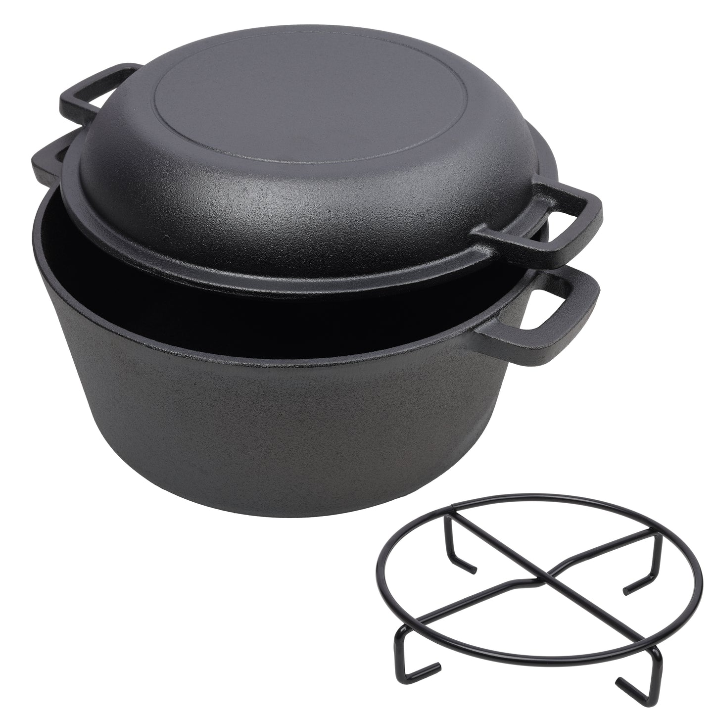 2-in-1 Pre-Seasoned Cast Iron Dutch Oven with Dual Handles, Black, Iron, 5 Quart