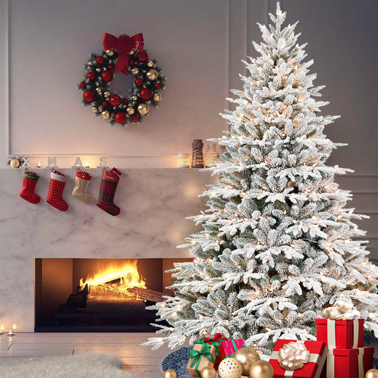 4ft Pre-Lit Flocked Artificial Christmas Tree with 150 Warm White Incandescent Lights, 856 Branch Tips, Snowy PE+PVC Hinged Pine with Partial Memory Wire Branches, Foldable Metal Stand for Holiday Dec