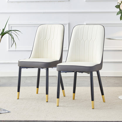 A modern dining chair with a white dark gray dual tone PU leather backrest and black metal legs, suitable for kitchens, bedrooms, and offices. A set of 2 pieces (white+dark gray+PU)C-007 W1151P147207