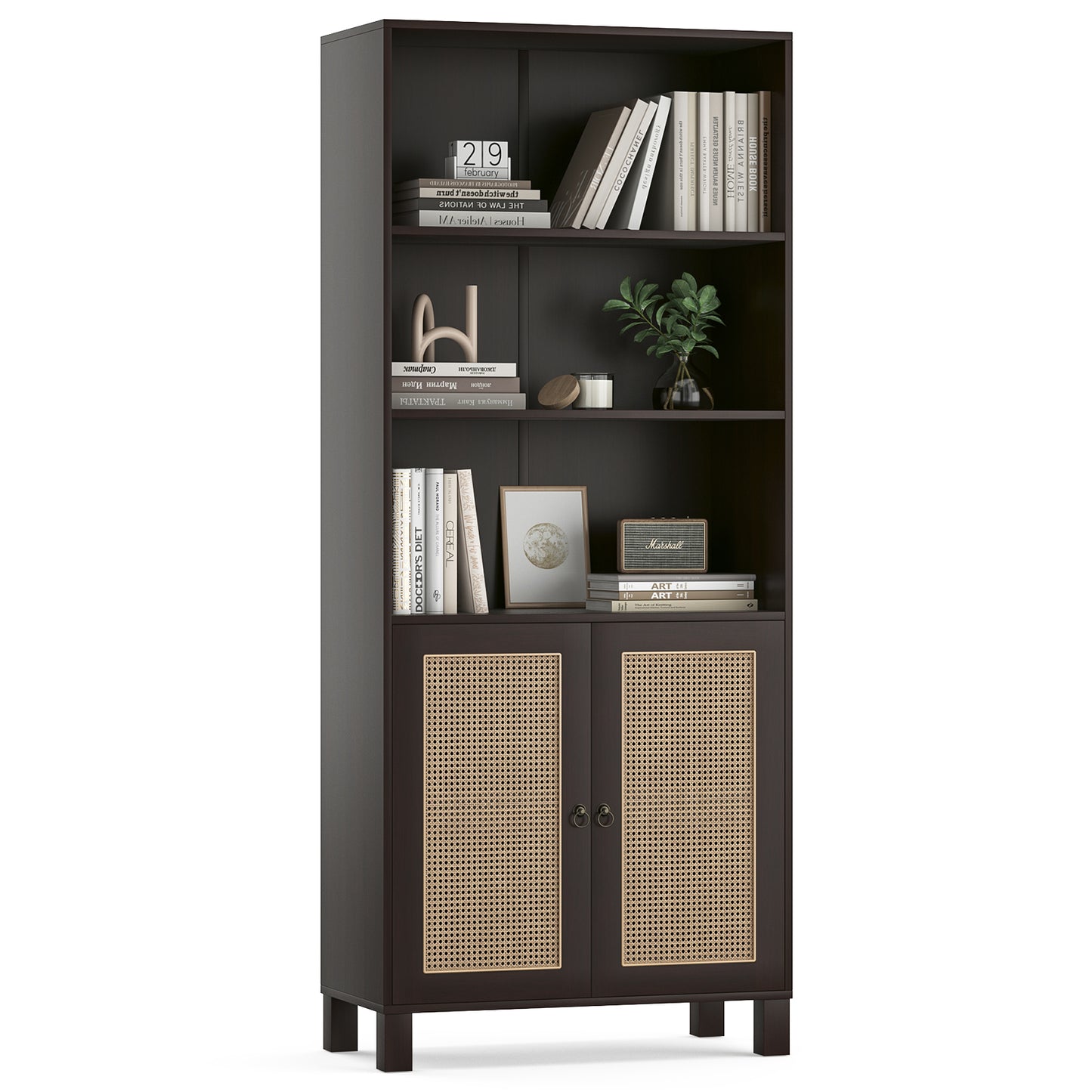 Tall Bookcase with Rattan Doors,5 Tier Storage Wood Shelves Large Bookshelf for Library Living Room Bedroom Home Office,Walnut