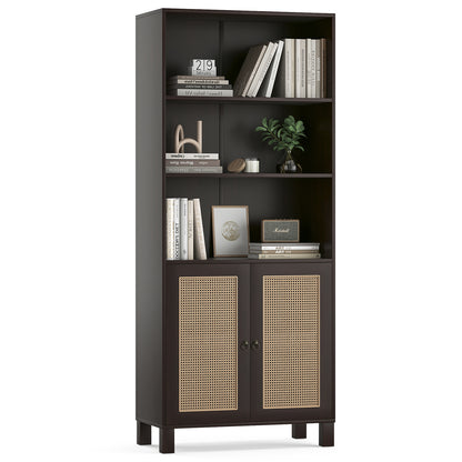 Tall Bookcase with Rattan Doors,5 Tier Storage Wood Shelves Large Bookshelf for Library Living Room Bedroom Home Office,Walnut