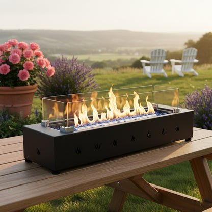 28-Inch Rectangle Fire Pit, 40000BTU Outdoor Propane Fire Pit, Wind-Resistant Firepits, Durable Iron Stylish Glass Beads Design