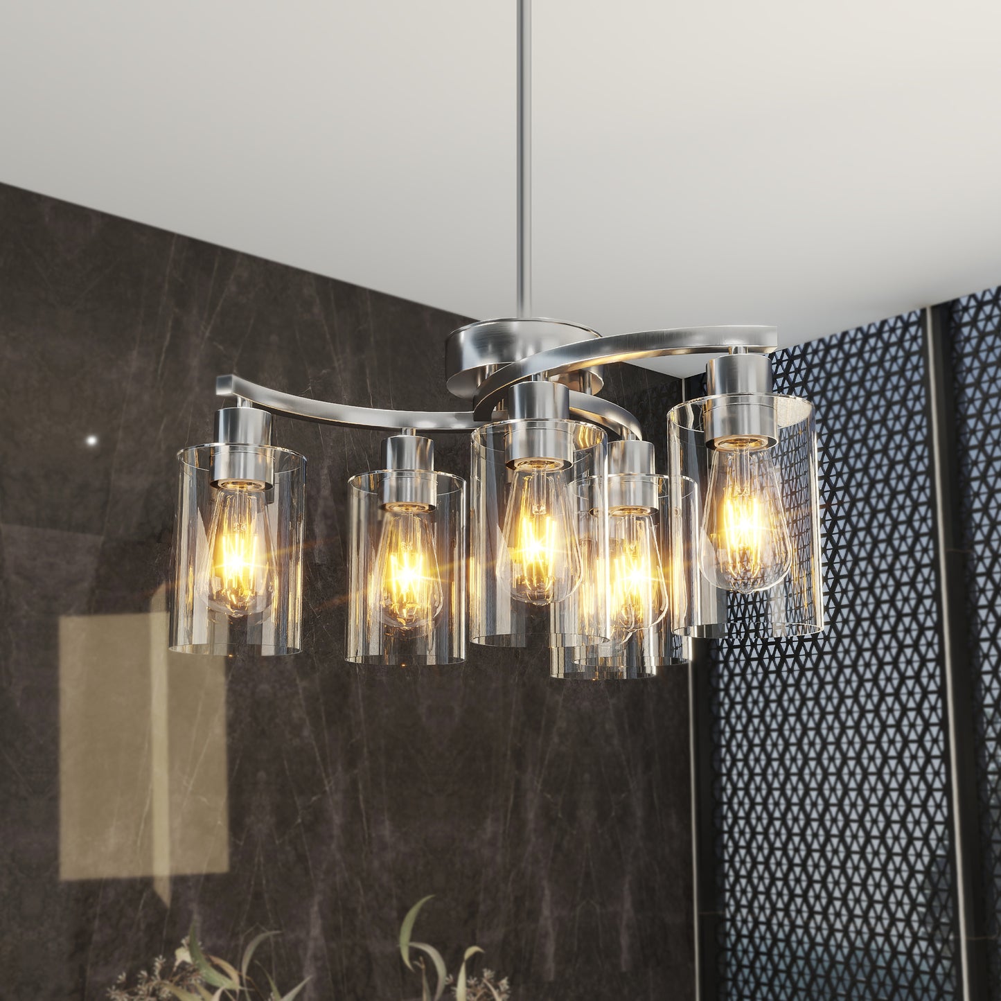 6-Light Brushed Nickel Chandeliers for Dining Room Light Fixtures Over Table, Adjustable Height Hanging Industrial Pendant Lighting for Kitchen Island Bedroom, Clear Glass Shade