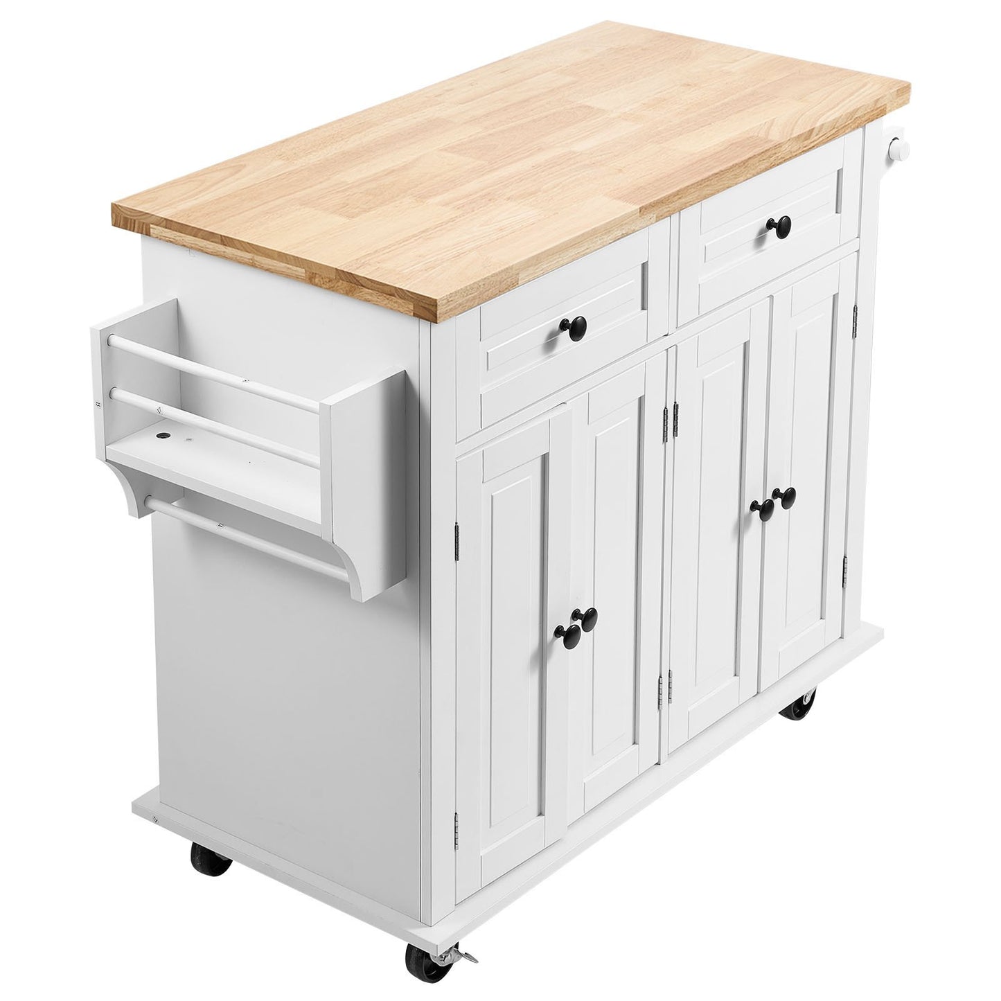 Kitchen Island Cart with Solid Wood Top, 35.4' Width Mobile Carts with Storage Cabinet, Rolling Kitchen Table with Spice Rack, Towel Rack, and Drawer, Portable Islands on Wheels, White