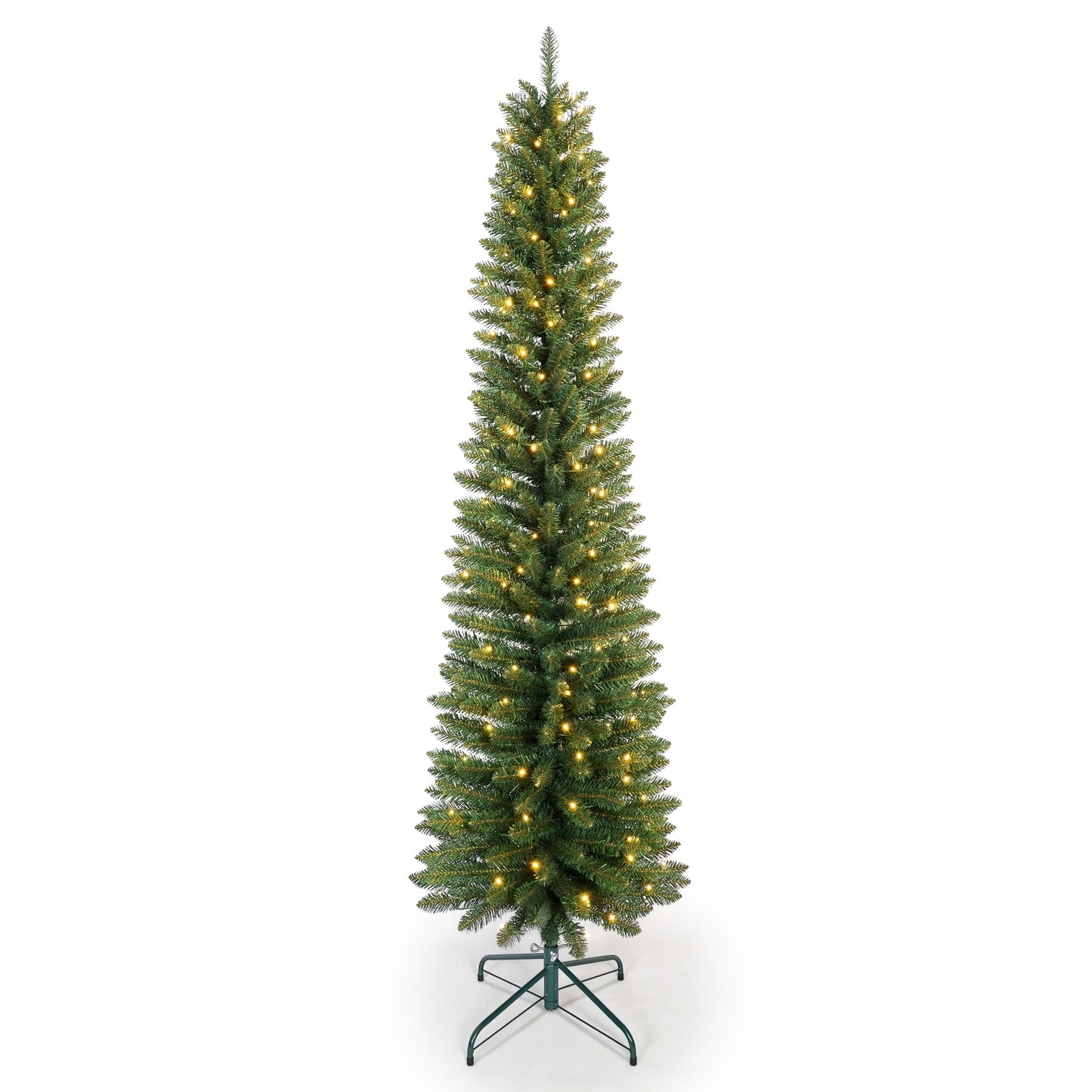 6FT Green Pencil Christmas Tree with 150 Warm White LED Lights – Slim PVC Tree with 358 Tips, Compact Design, Stable Metal Stand, Easy to Assemble