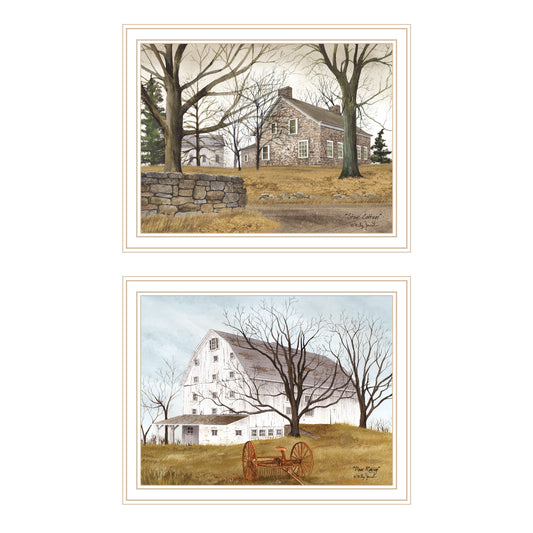 Trendy Decor 4U 2- Piece Vignette Stone Cottage Farmhouse & White Wooden Barn with Hay Rake White Framed Wall Art for Living Room, Bedroom Wall Art Print for Home Decor by Billy Jacobs