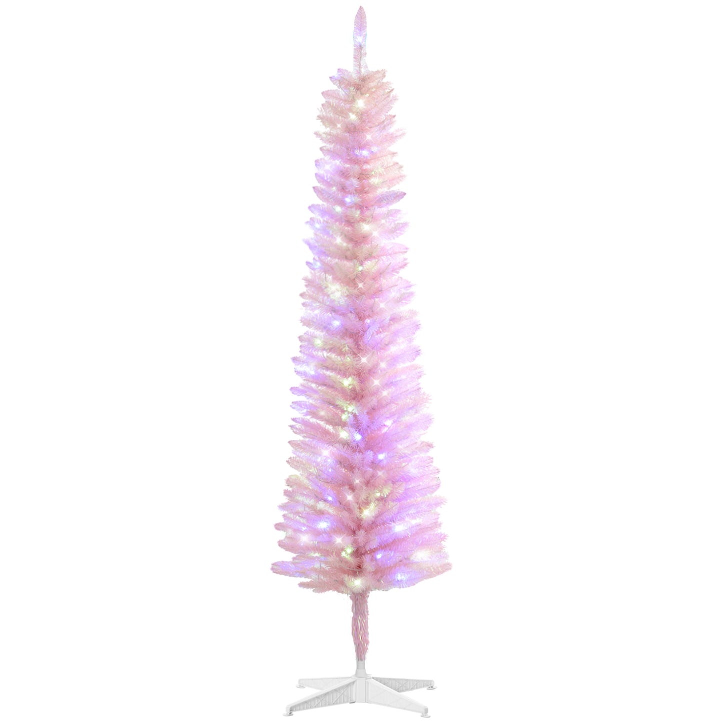 HOMCOM 5ft Tall Pencil Prelit Artificial Christmas Tree Holiday Décor with 250 Colorful Surface Branches, 150 Colorful LED Lights, Pink