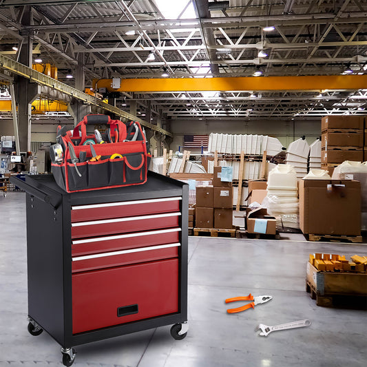 Four drawer rolling toolbox, tool cart with 4 wheels and drawers, large capacity detachable mobile tool storage cabinet for workshops, garages, maintenance rooms, and mechanics