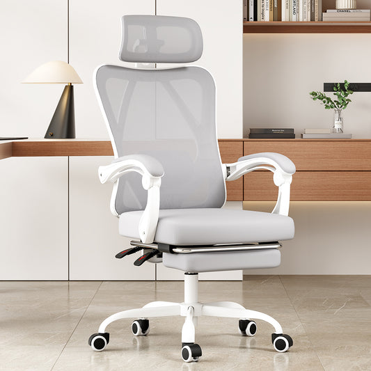 Ergonomic Office Chair with Footrest, Mesh Office Desk Chair with Headrest, High Back Computer Chair with Adjustable Lumbar Support for Home Office Study Room Bedroom, Grey