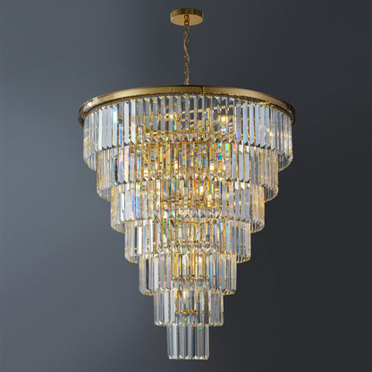 40-Inch Gold Tiered Crystal Tube Chandelier, 30-Light E12 Pendant with 370 Crystal Rods, Mirror-Polished Metal Frame, Adjustable 79' Chain, LED Bulbs Included