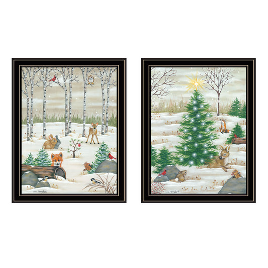 Trendy Decor 4U 2- Piece Vignette Woodland 'Critters for Christmas' Black Framed Wall Art for Living Room, Bedroom Wall Art Print for Home Decor by Lisa Kennedy
