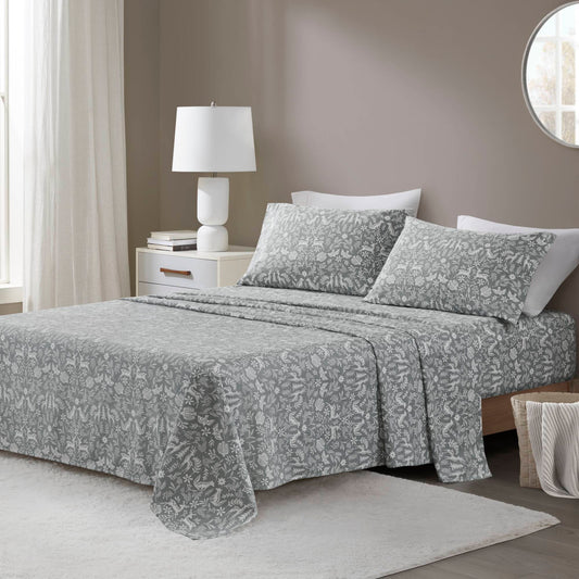 4 Pieces Cal King 100% Cotton Flannel Printed Sheet Set,Sage Winter Fauna