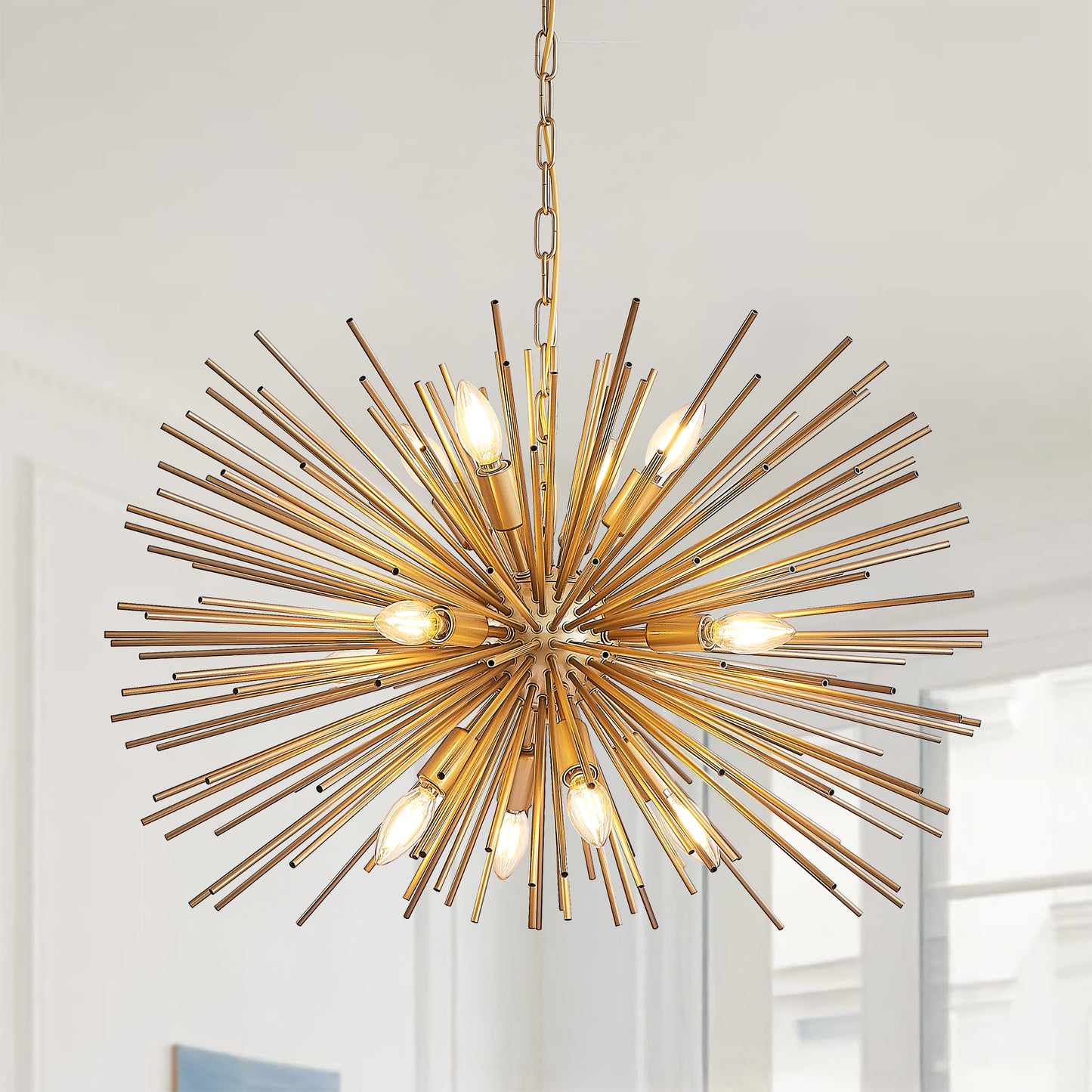 29' Mid-Century Modern 12-Light Starburst Chandelier – Gold Sputnik Pendant Light Fixture for Living Room, Dining Room, or Foyer (Bulb Not Included)