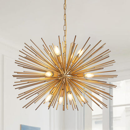 29' Mid-Century Modern 12-Light Starburst Chandelier – Gold Sputnik Pendant Light Fixture for Living Room, Dining Room, or Foyer (Bulb Not Included)