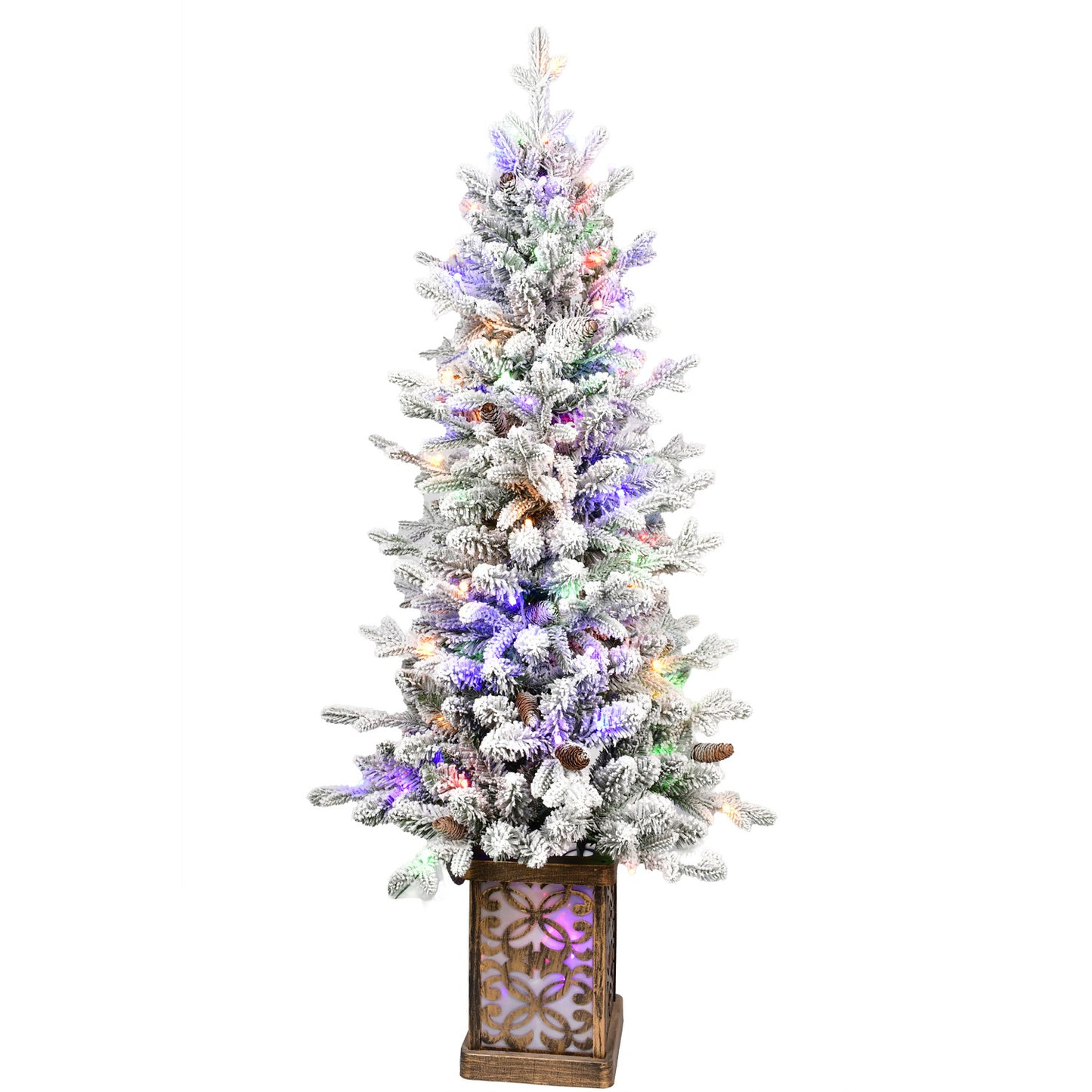 4FT Flocked Christmas Tree with Multicolour LED Lights, 396 Tips, Glitter Base, 100 Lights, PE/PVC Tips with Pine Cones – Light-Up Colorful Basin, Easy Assembly Holiday Decor