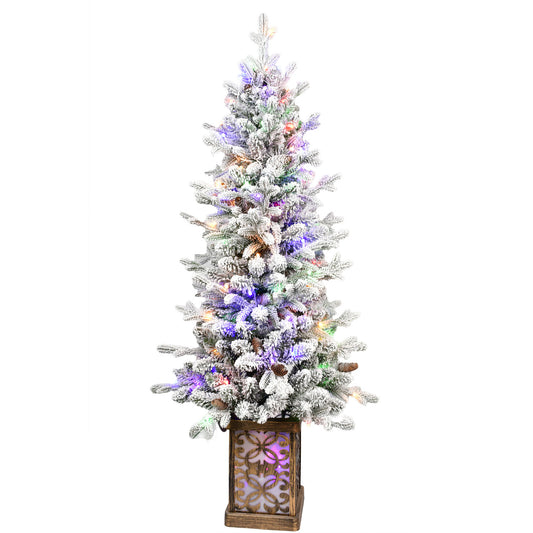 4FT Flocked Christmas Tree with Multicolour LED Lights, 396 Tips, Glitter Base, 100 Lights, PE/PVC Tips with Pine Cones – Light-Up Colorful Basin, Easy Assembly Holiday Decor