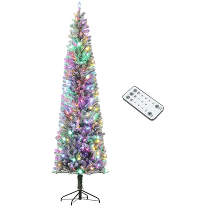 HOMCOM 9 ft Pre-Lit Pencil Christmas Tree, Artificial Christmas Tree with 310 Dual Color LED Lights and 895 Branch Tips, Flocked Xmas Tree with Metal Stand for Holiday Party, Green