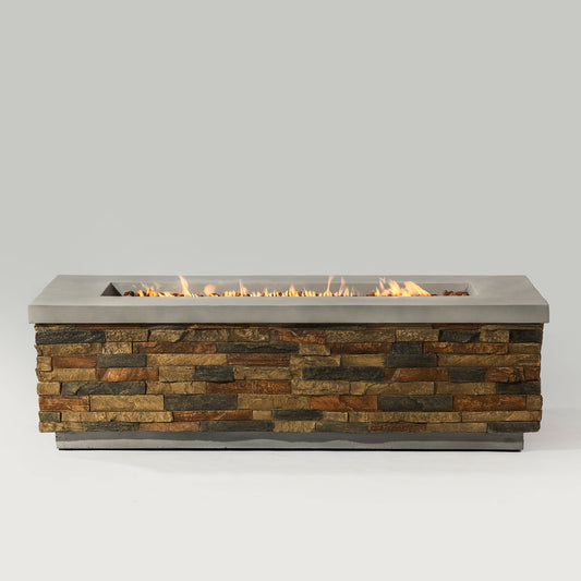 60' Propane Gas Fire Pit Table, 60000 BTU Rectangular Concrete Fire Pit for Outside Patio Deck Garden Backyard- Sandstone