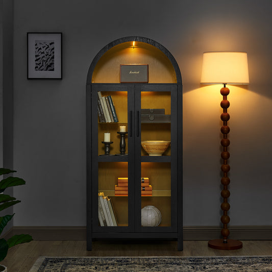 A high arched storage cabinet with a lamp, a modern retro-style wooden storage cabinet with adjustable glass partitions, suitable for use as a multi-functional cabinet in kitchens-Black