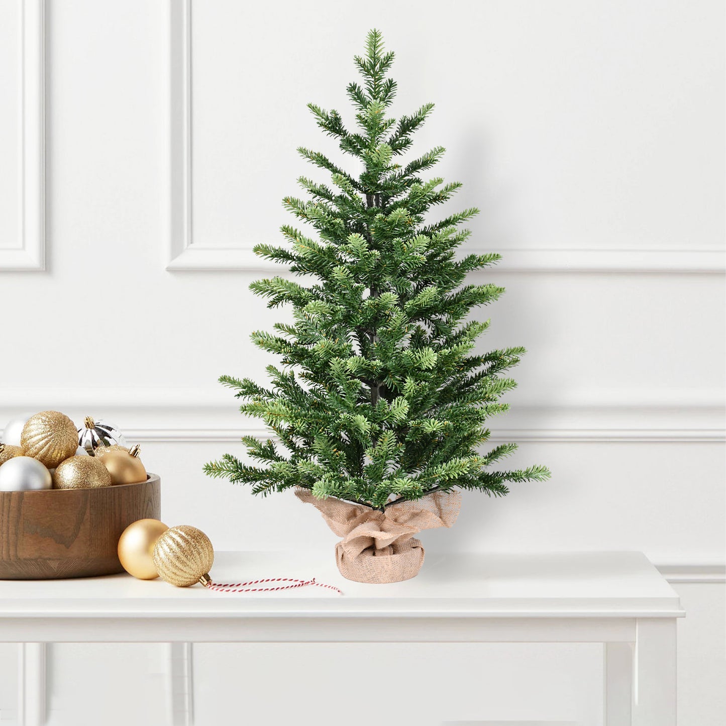 2FT Full PE Tabletop Christmas Tree with 230 Tips, Realistic Green Mini Tree with Plastic Cement-Filled Base – Small Desktop Holiday Decor for Home, Office, Dorm, Entryway