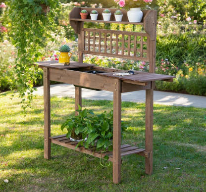 Outdoor Potting Bench Table, Wooden Workstation , Storage Shelf and Dry Sink