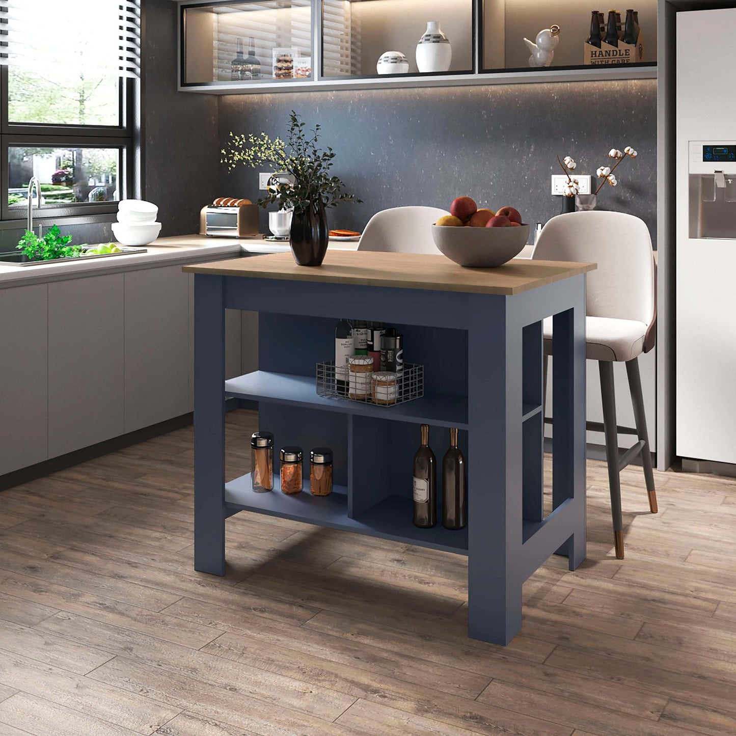 Kronos Ash and Kronos Blue Kitchen Island with Open Shelf