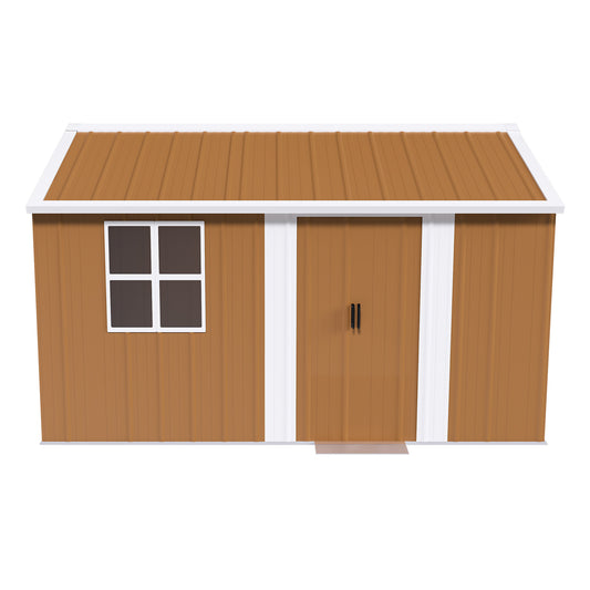 Heavy-Duty 12x8 FT Metal Storage Shed with Windows, Lockable Door & Ventilation - Brown Iron