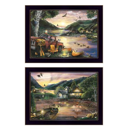 'Lakefront Camping' 2-Piece Vignette By Ed Wargo, Ready to Hang Framed Print, Black Frame