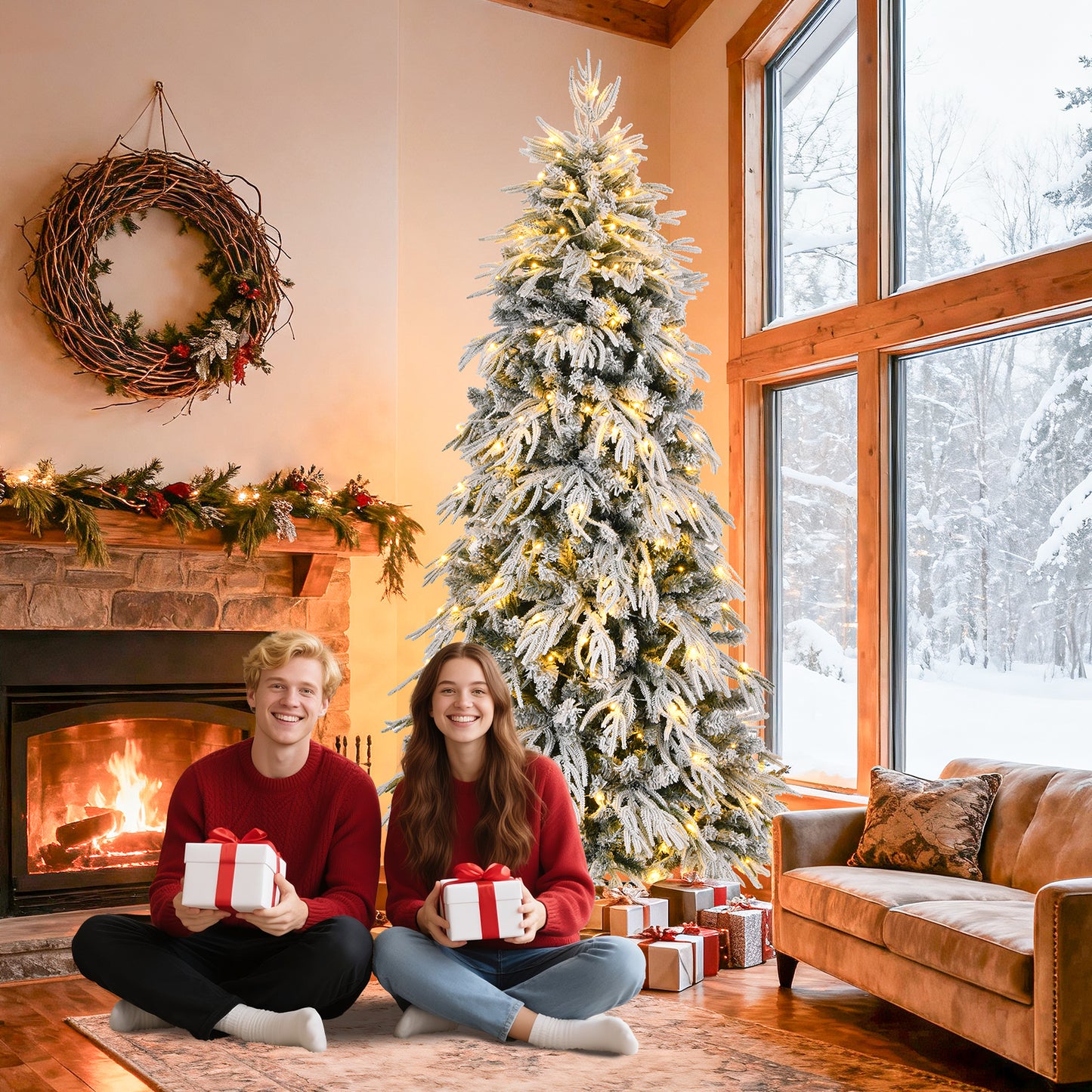 8ft Slim Flocked Christmas Tree Pre-lit w/ 950 Premium PE&PVC Tips, 350Warm White LED Lights, Skinny Noble Artificial Christmas Tree Easy Assembly for Home, Corner, Narrow Place