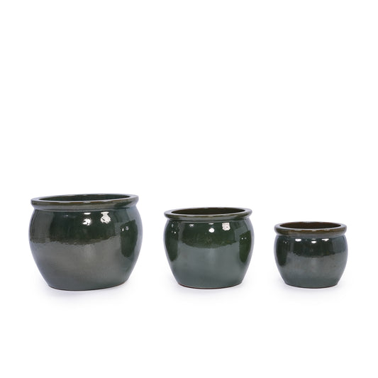 3 Pieces Ceramic Flowerpot, Modern Planter for Patio, Garden or Windowsills - Antique Blue Green
