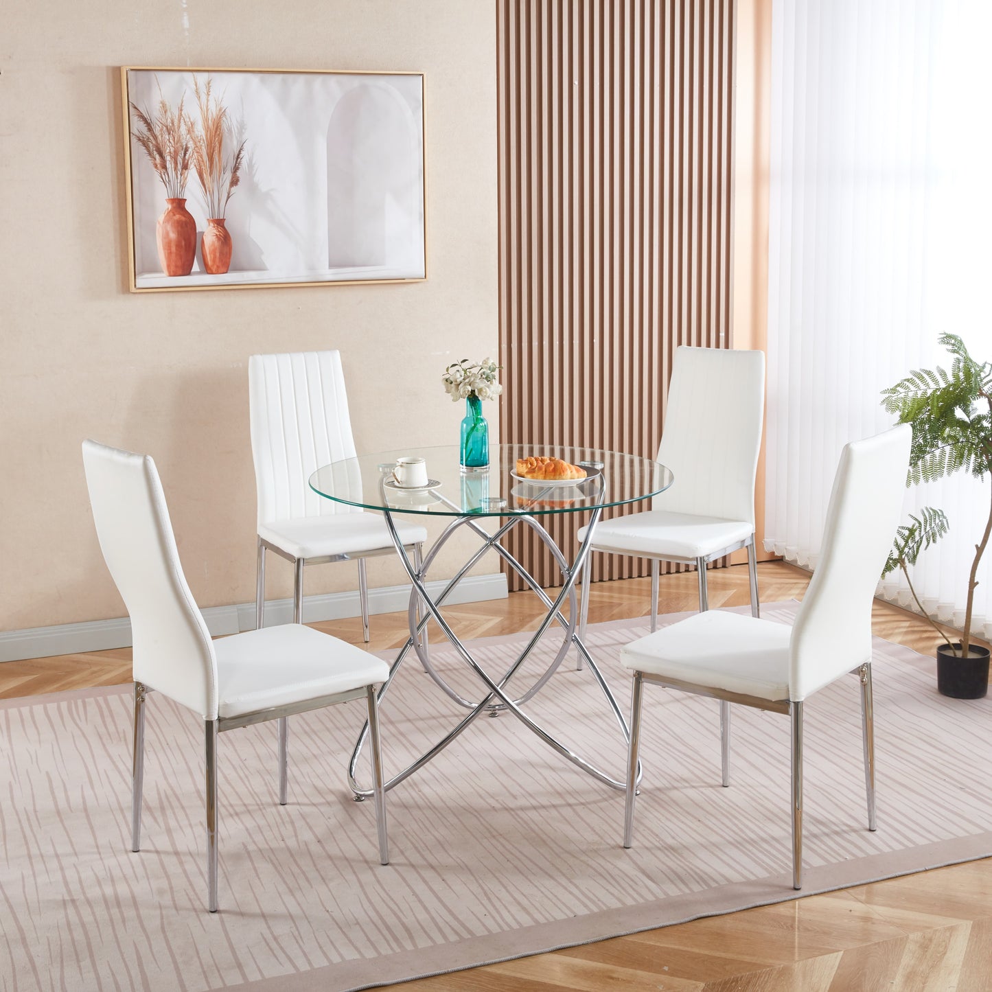 1+4,5pieces dining set, Table metal leg Mid-century Dining Table for 4-6 people With Glass  Table Top, Pedestal Dining Table, End Table Leisure Coffee Table.