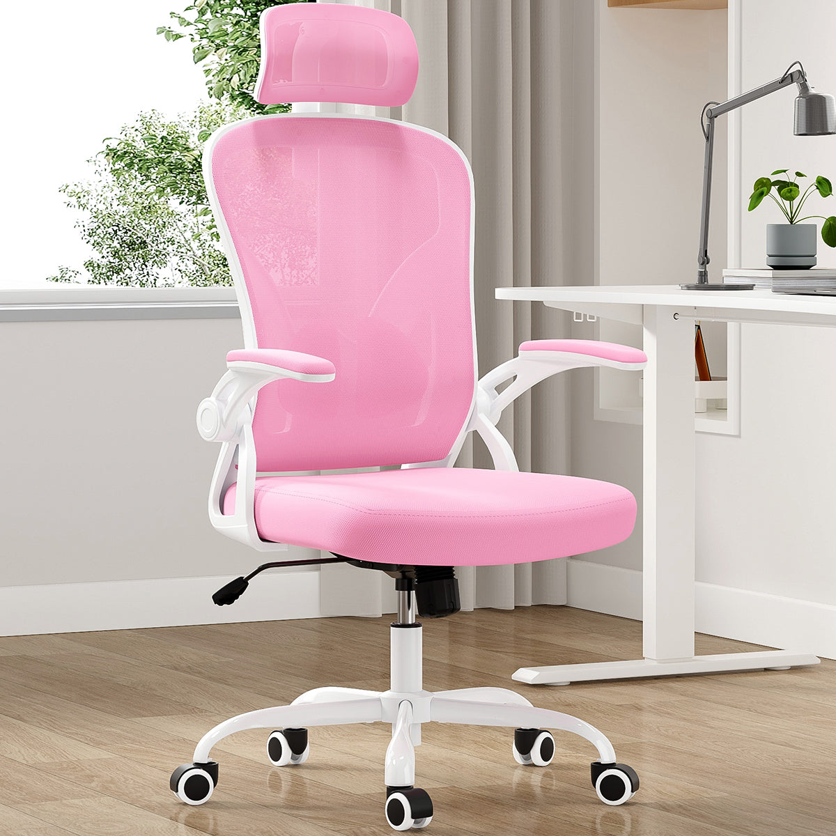 Ergonomic Office Chair, Home Office Desk Chair with Headrest, High Back Computer Chair with Armrests and Adjustable Lumbar Support for Home Office Study Room,White & Pink