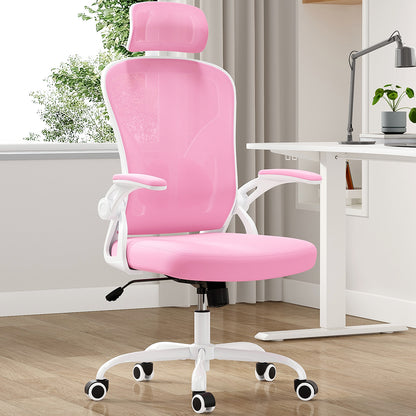 Ergonomic Office Chair, Home Office Desk Chair with Headrest, High Back Computer Chair with Armrests and Adjustable Lumbar Support for Home Office Study Room,White & Pink
