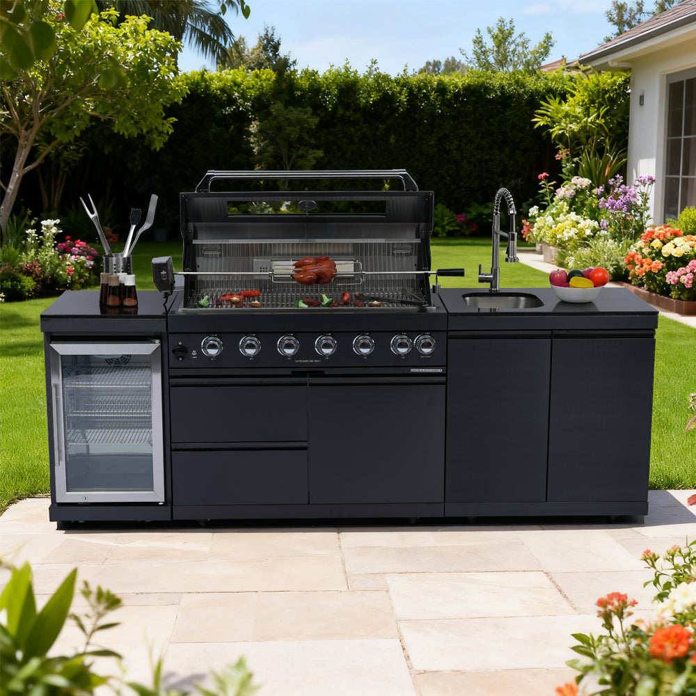 43-Inch 6-Burner 85000 BTU Deluxe Stainless Steel Gas Outdoor Kitchen Bar Barbecue Island Grill + Wine Cooler Compact Refrigerator + Rotisserie kit + Granite Countertops + Stainless steel Sink