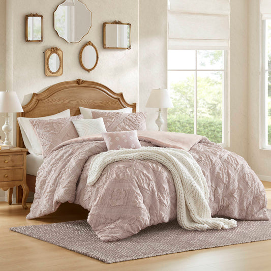 5-Piece Full/Queen 5 Piece Sculpted jacquard comforter set,Pink