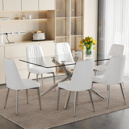 Table and chair set.Modern Luxurious Transparent Tempered Glass Dining Table Set.Single Fork Silver Metal Table Legs.Paired with 6 White Chairs With PU Cushions And Silver Metal Legs.