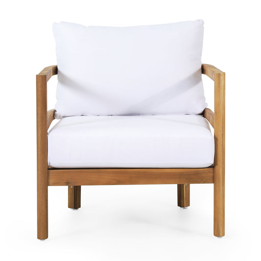 Outdoor Acacia Wood Patio Club Chair, Wood Patio Furniture,Waterproof Thick Cushion Deep Seating for Porch, Garden, Backyard, Balcony, Weight Capacity 400lbs, Light Teak Finish, White